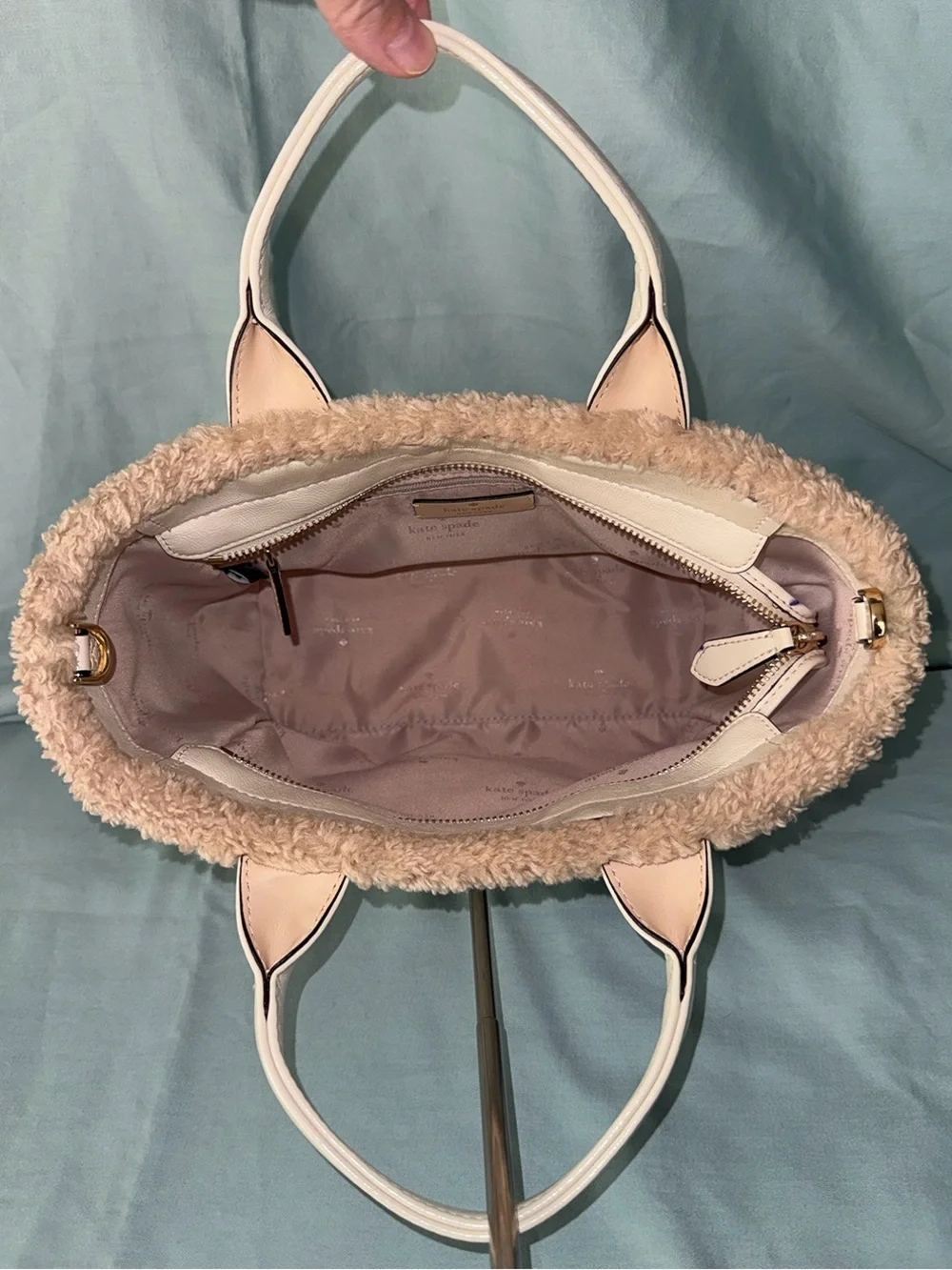 Kate Spade Jett Faux Shearling Trim Tote in Meringue or Cream Color - Picture 8 of 12